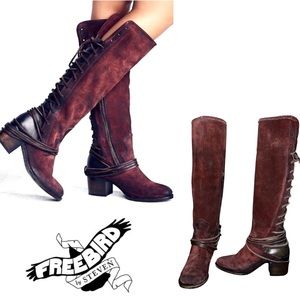 |•FREEBIRD BY STEVEN•| 'Coal' Distressed Burgundy Suede Full Lace Up Back Boots